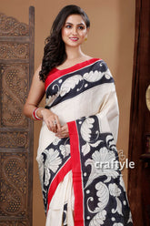 White & Black Floral Motif Hand Painted Pure Silk Kalamkari Saree - Craftyle