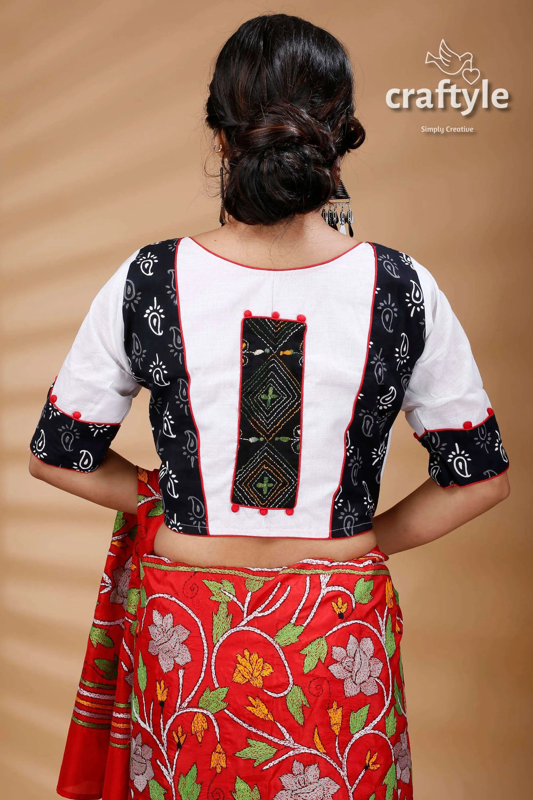 White & black patch work designer cotton blouse woman’s patterned 2