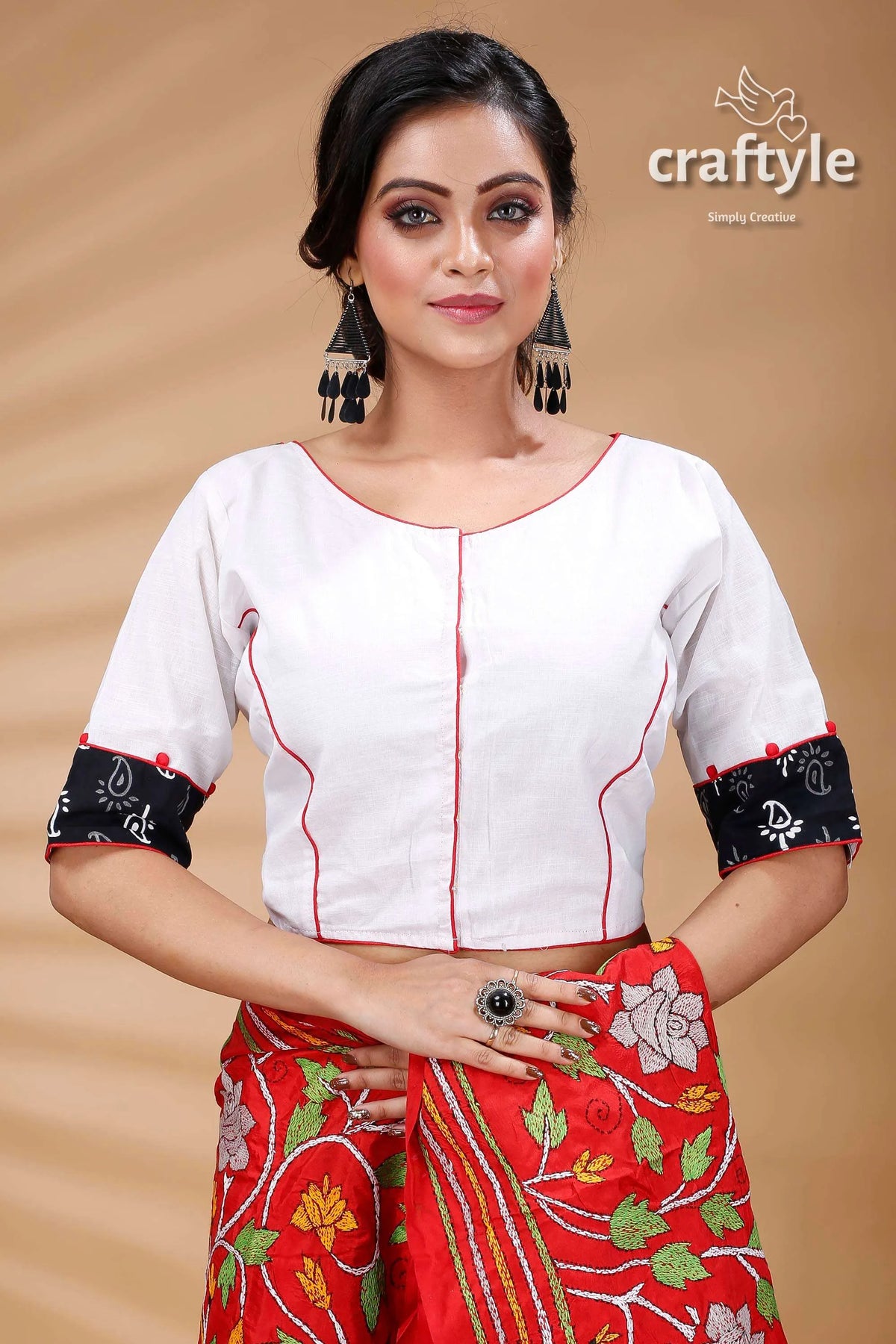 White & black patch work designer cotton blouse woman red patterned 4