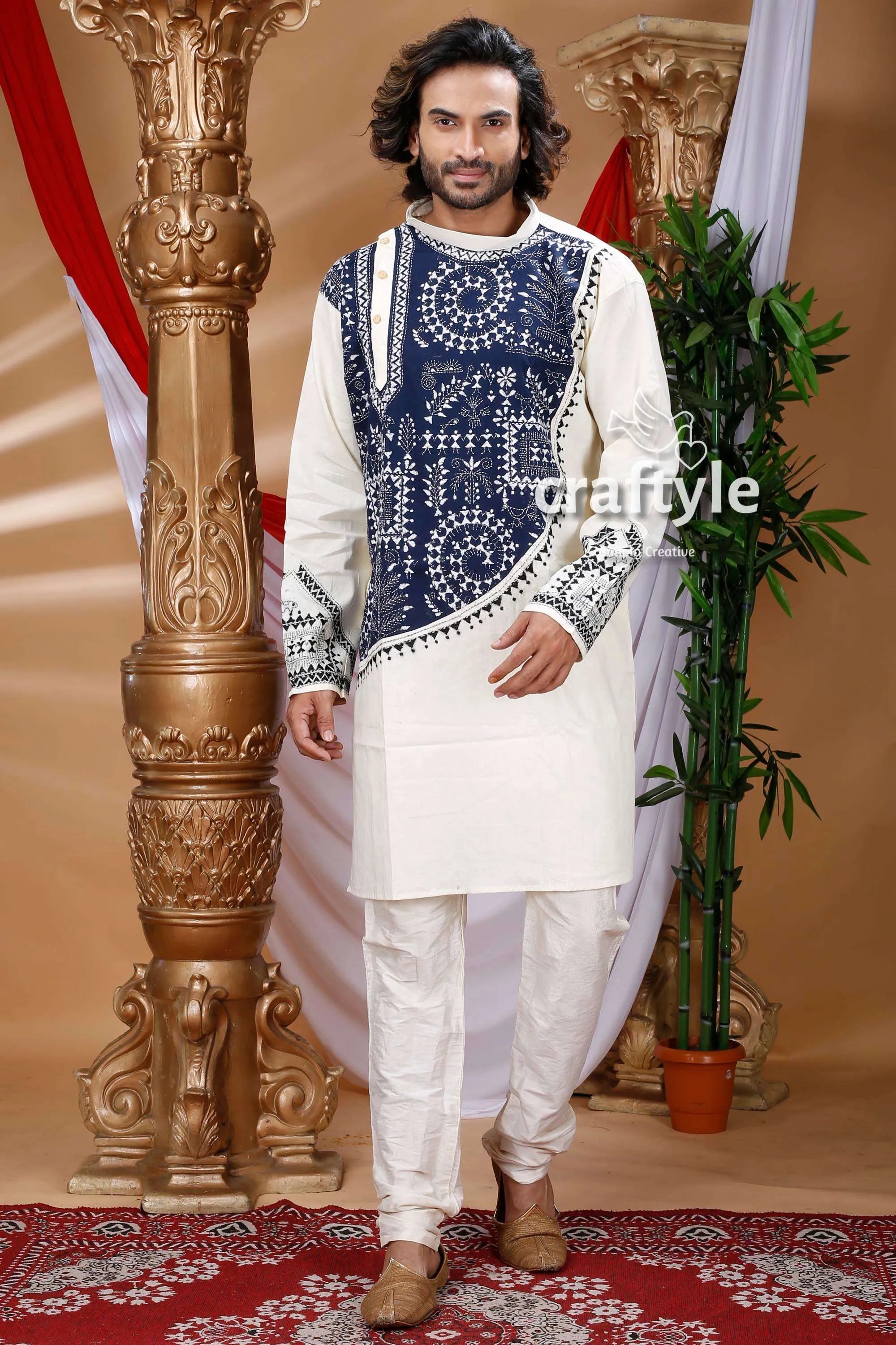 White & blue kantha work ethnic cotton kurta for men intricate navy 1