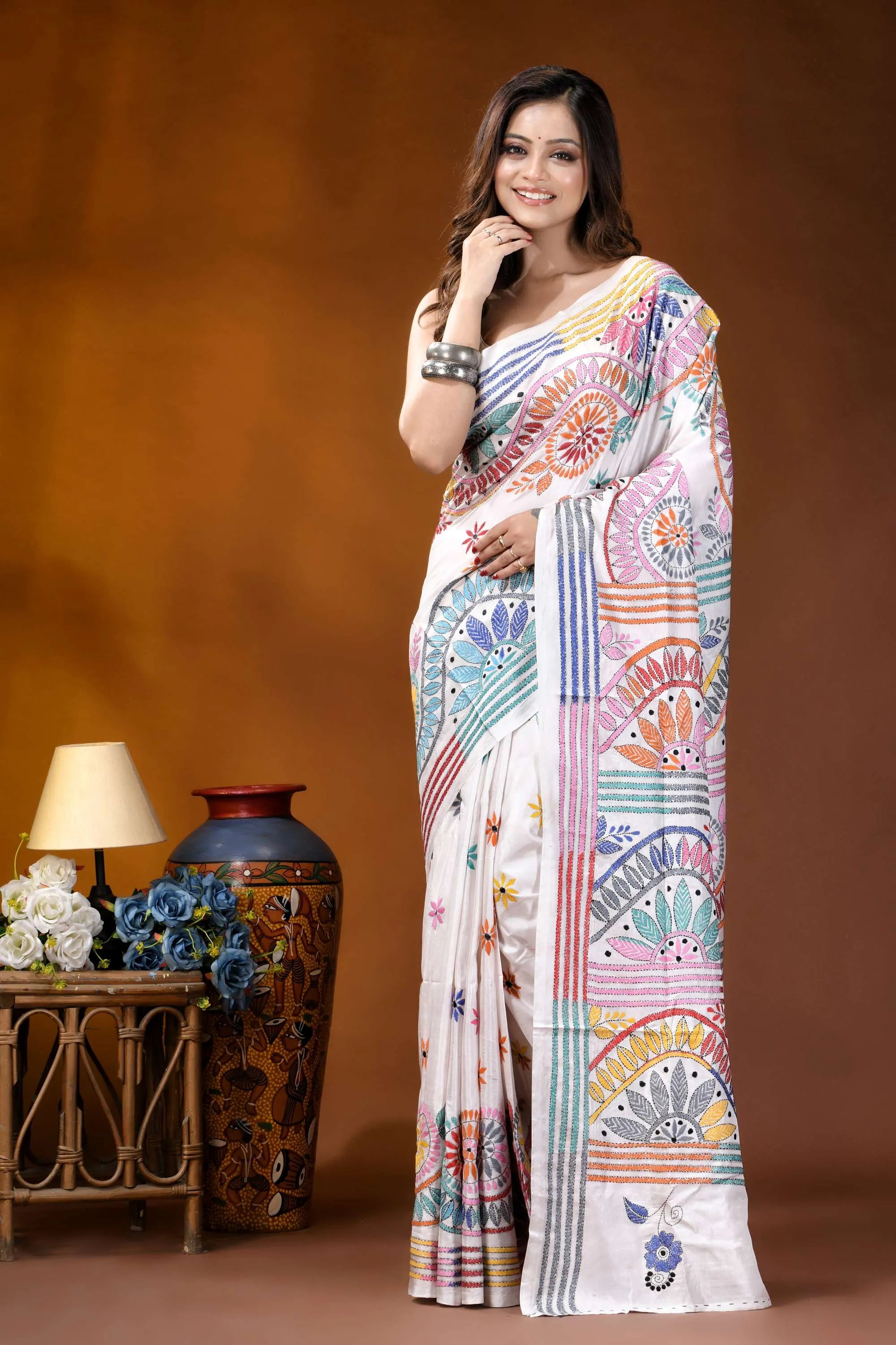 White circular floral design handmade silk kantha stitch saree vibrant hand-embroidered white saree adorned 6