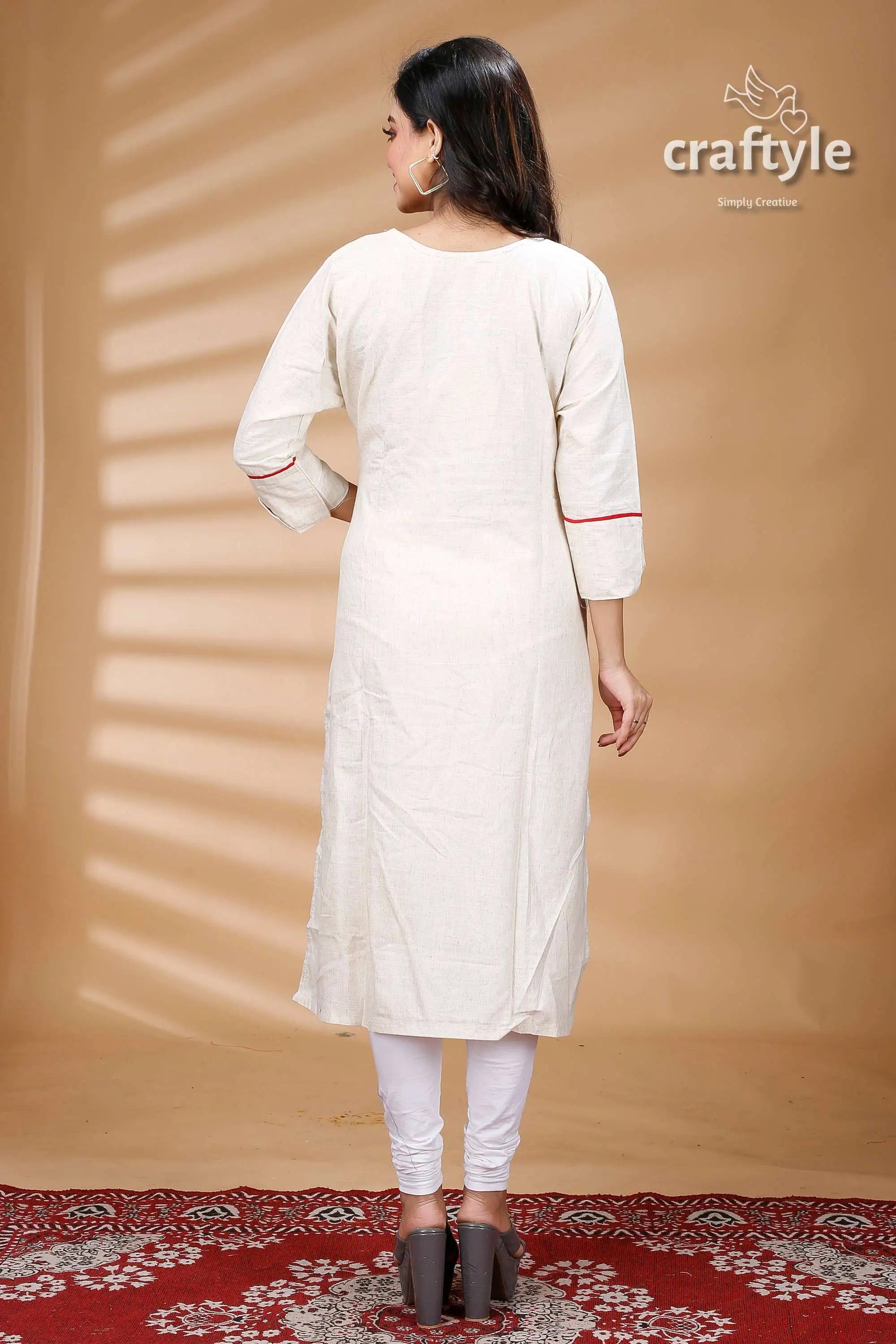 White cotton mix and match kurti with kantha embroidery woman’s white kurta red trim 5