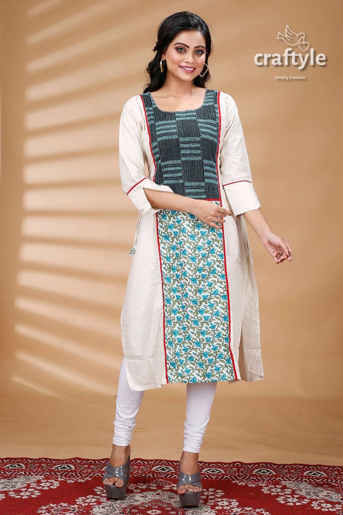 White cotton mix and match kurti with kantha embroidery woman’s patterned kurta leggings 1