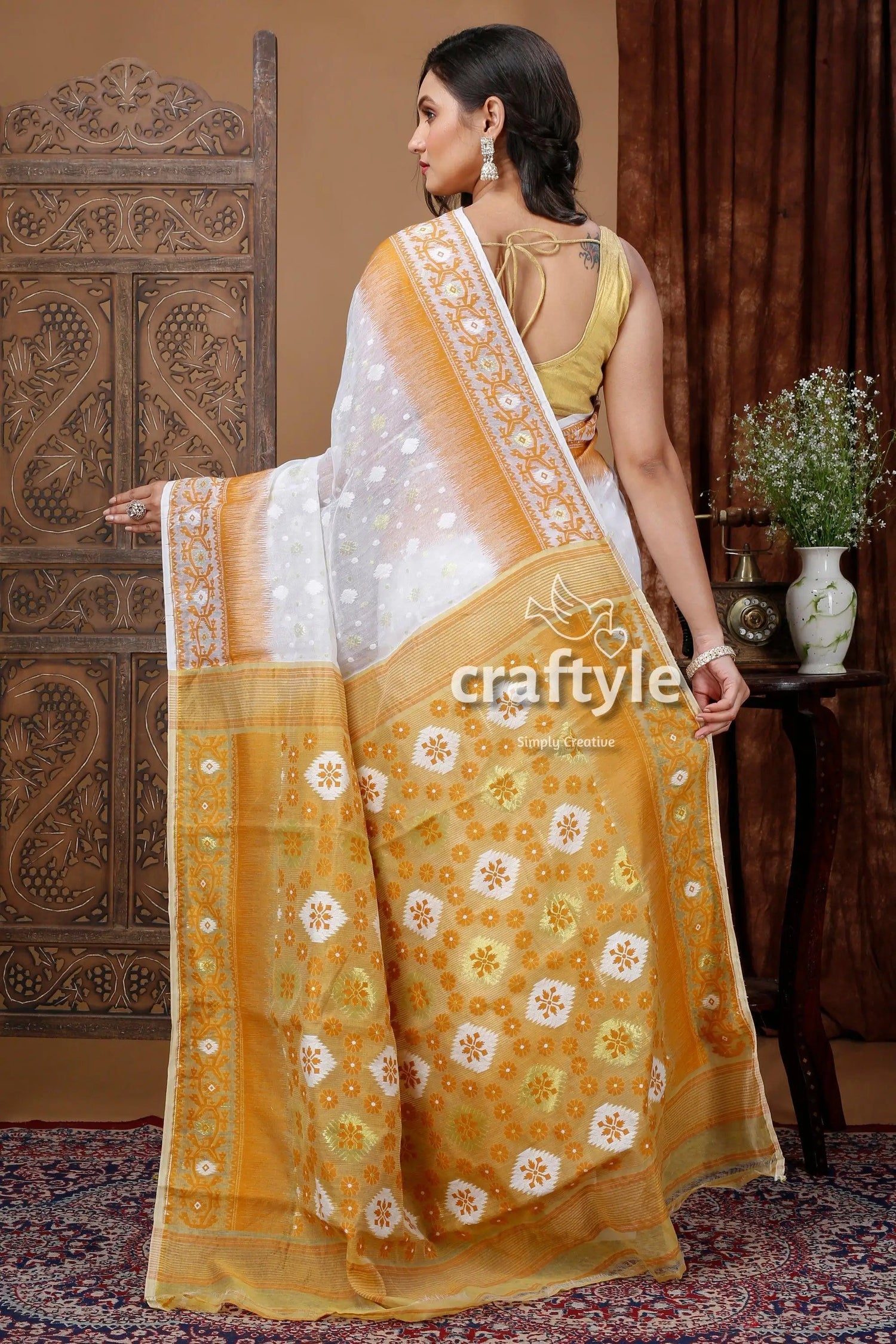 White earth yellow bengal jamdani saree for a touch of elegance white gold floral saree 4