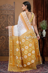 White earth yellow bengal jamdani saree for a touch of elegance white gold floral saree 4