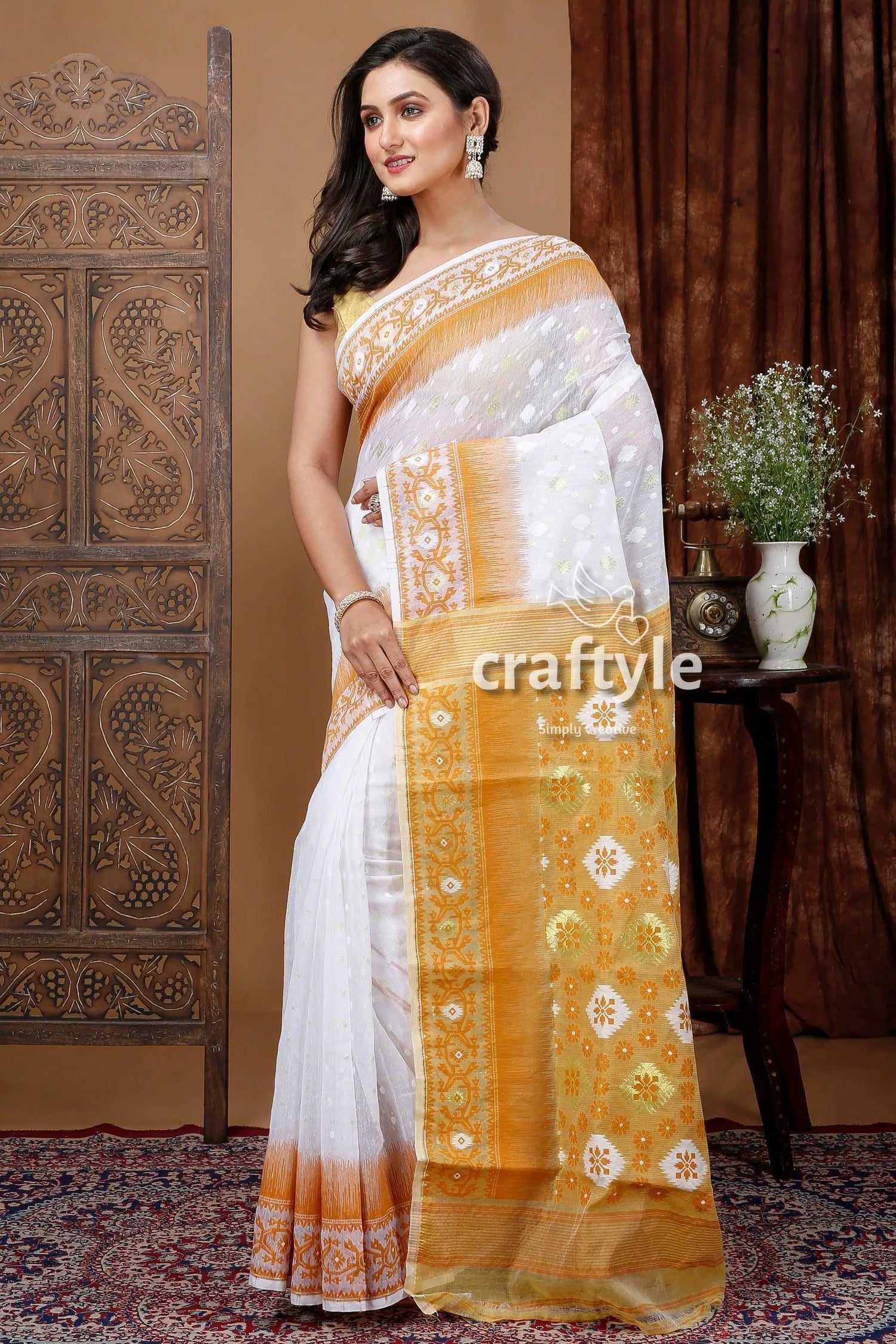 White earth yellow bengal jamdani saree for a touch of elegance white gold saree 3