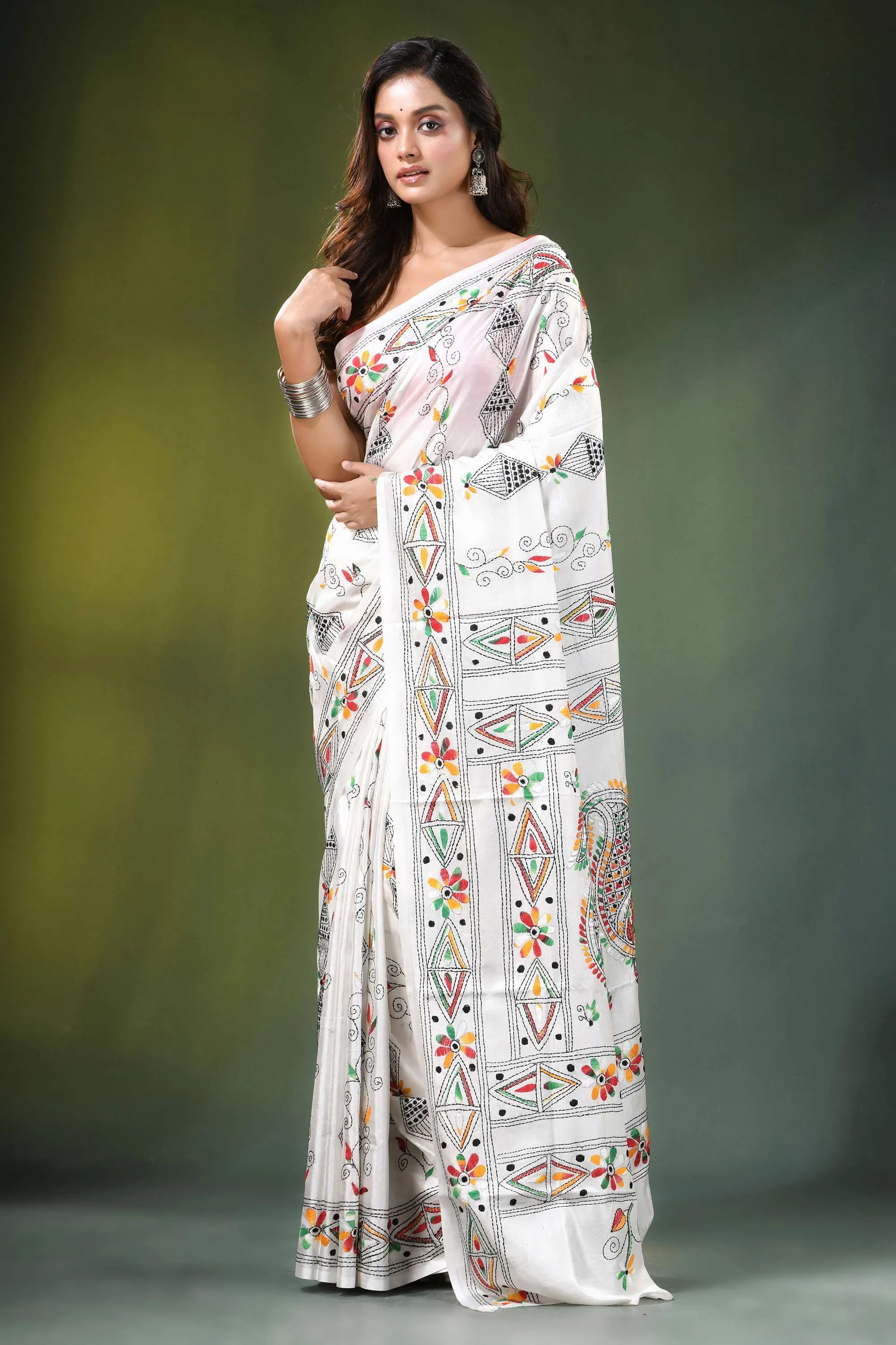 White ethnic handcrafted floral silk kantha work saree adorned intricate colorful 6