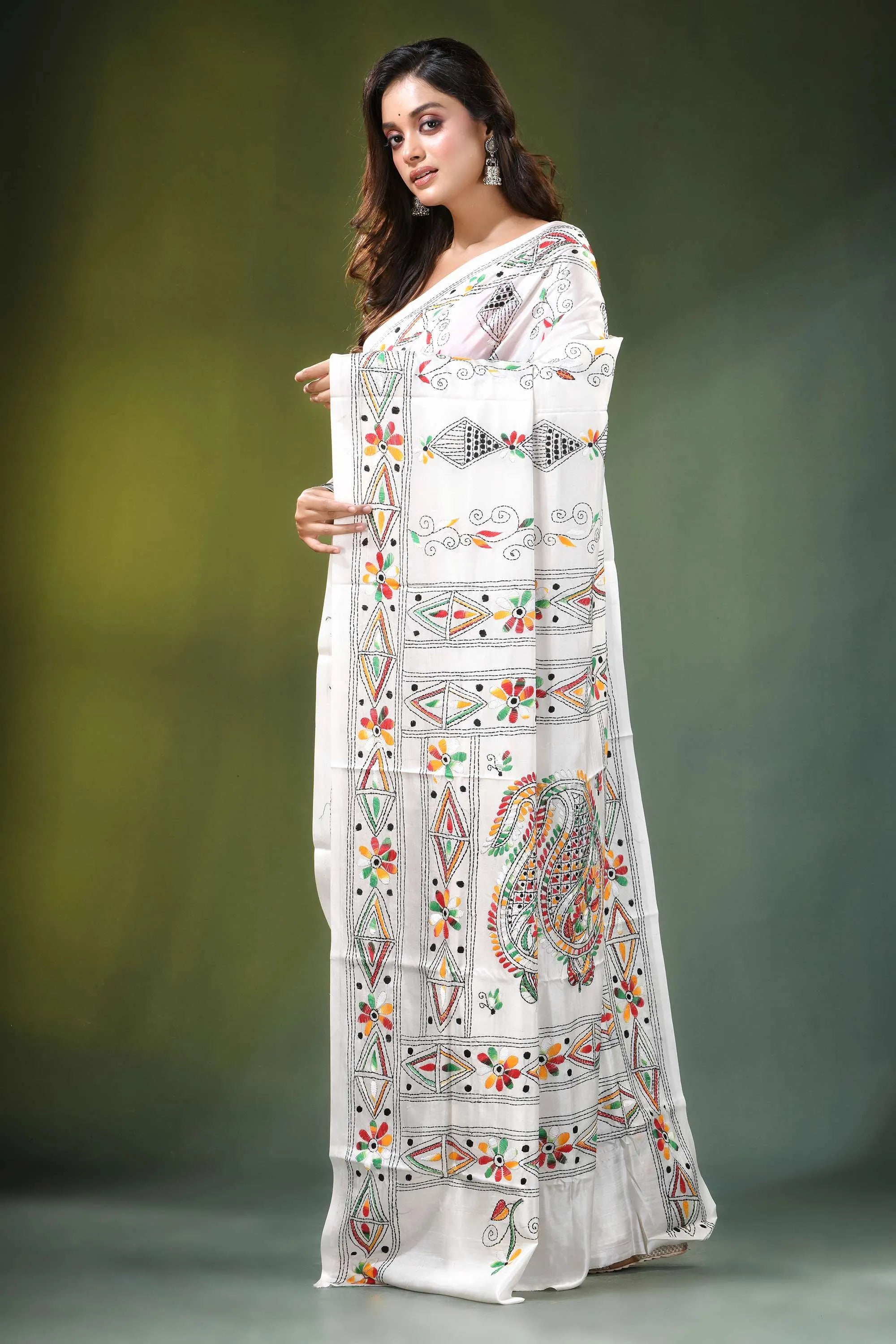 White ethnic handcrafted floral silk kantha work saree adorned intricate colorful 3