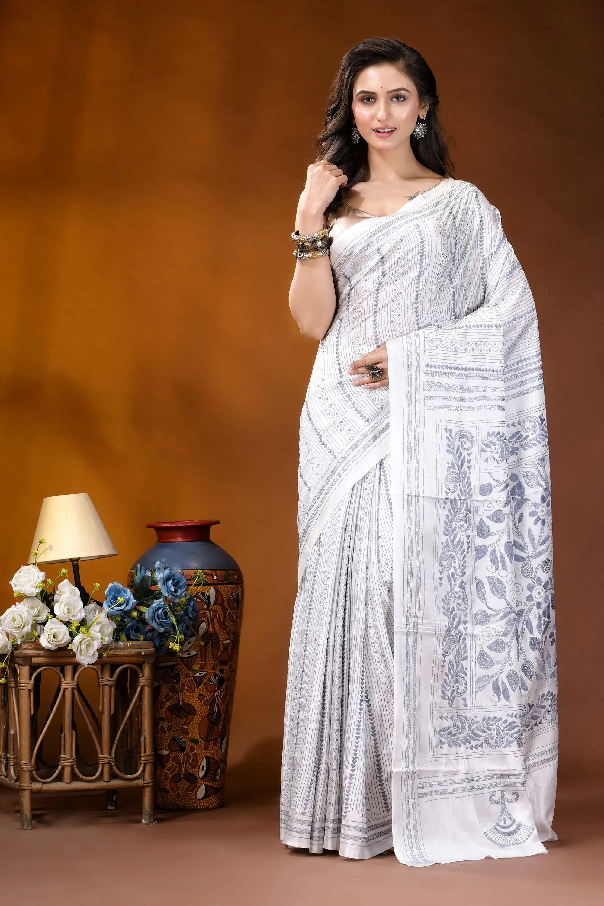 White floral leaf motif hand embroidered kantha silk saree white sari intricate gray floral 7