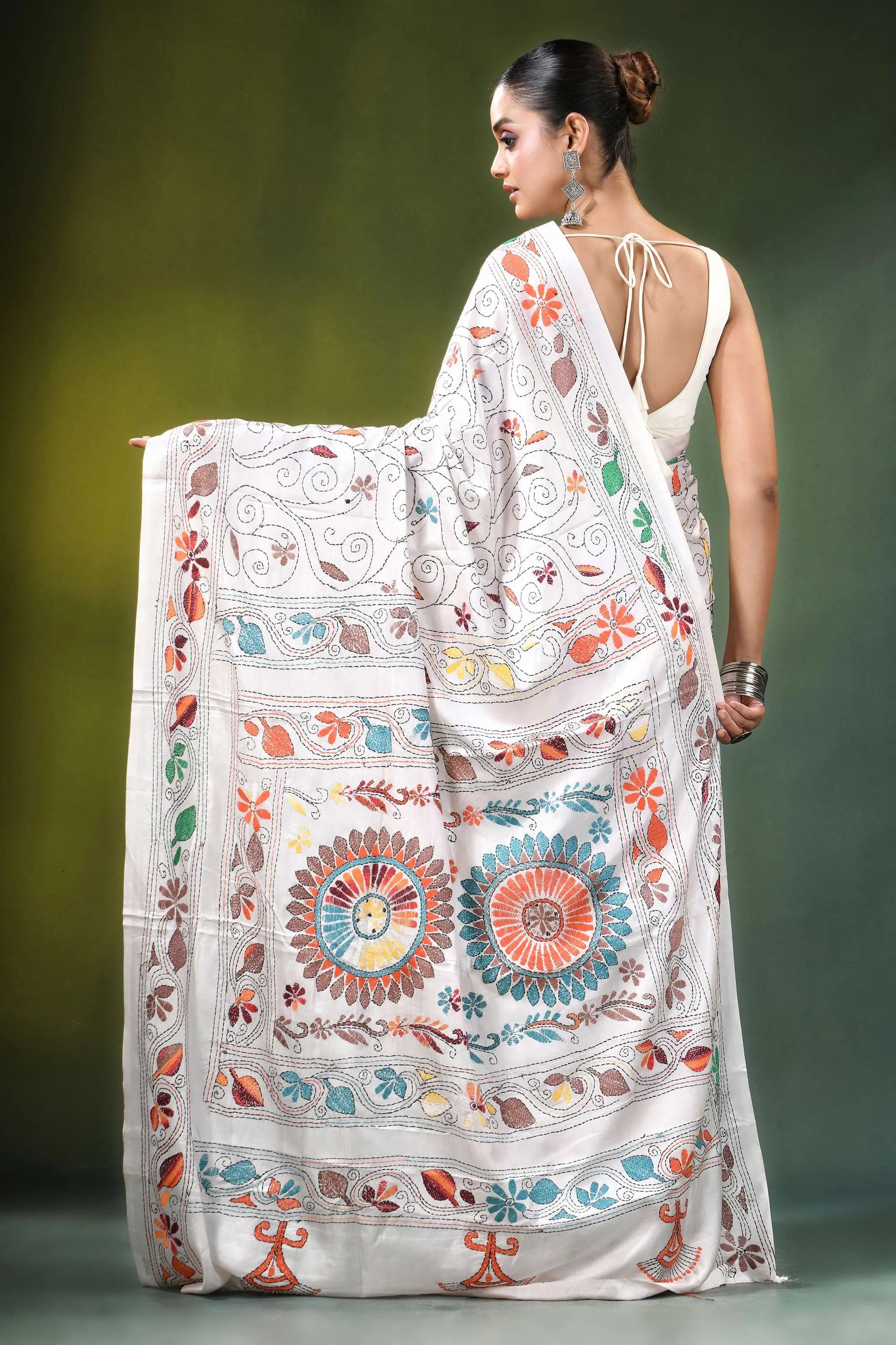 White floral mandala motif handmade silk kantha stitch saree banarasi intricate colorful 5
