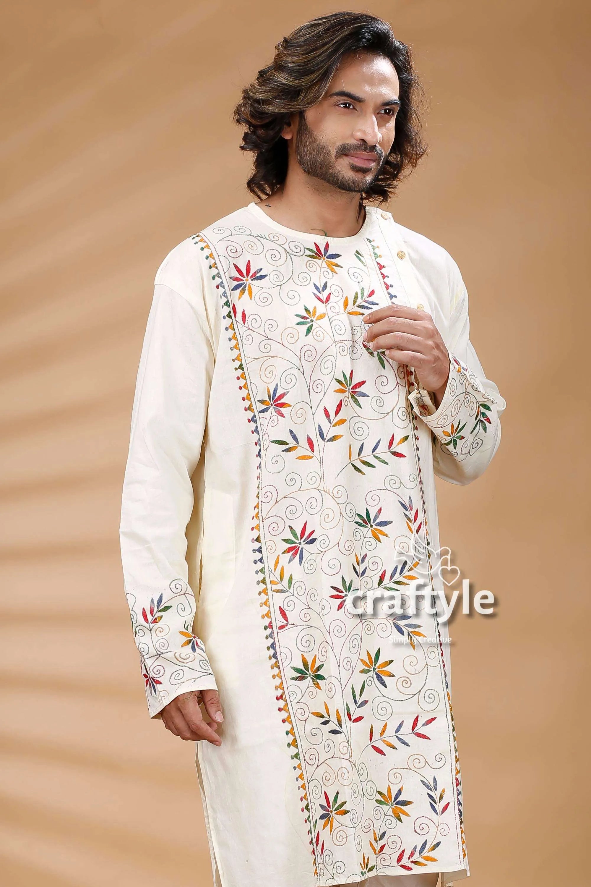 White floral motif kantha work cotton embroidered kurta cream-colored intricate 2