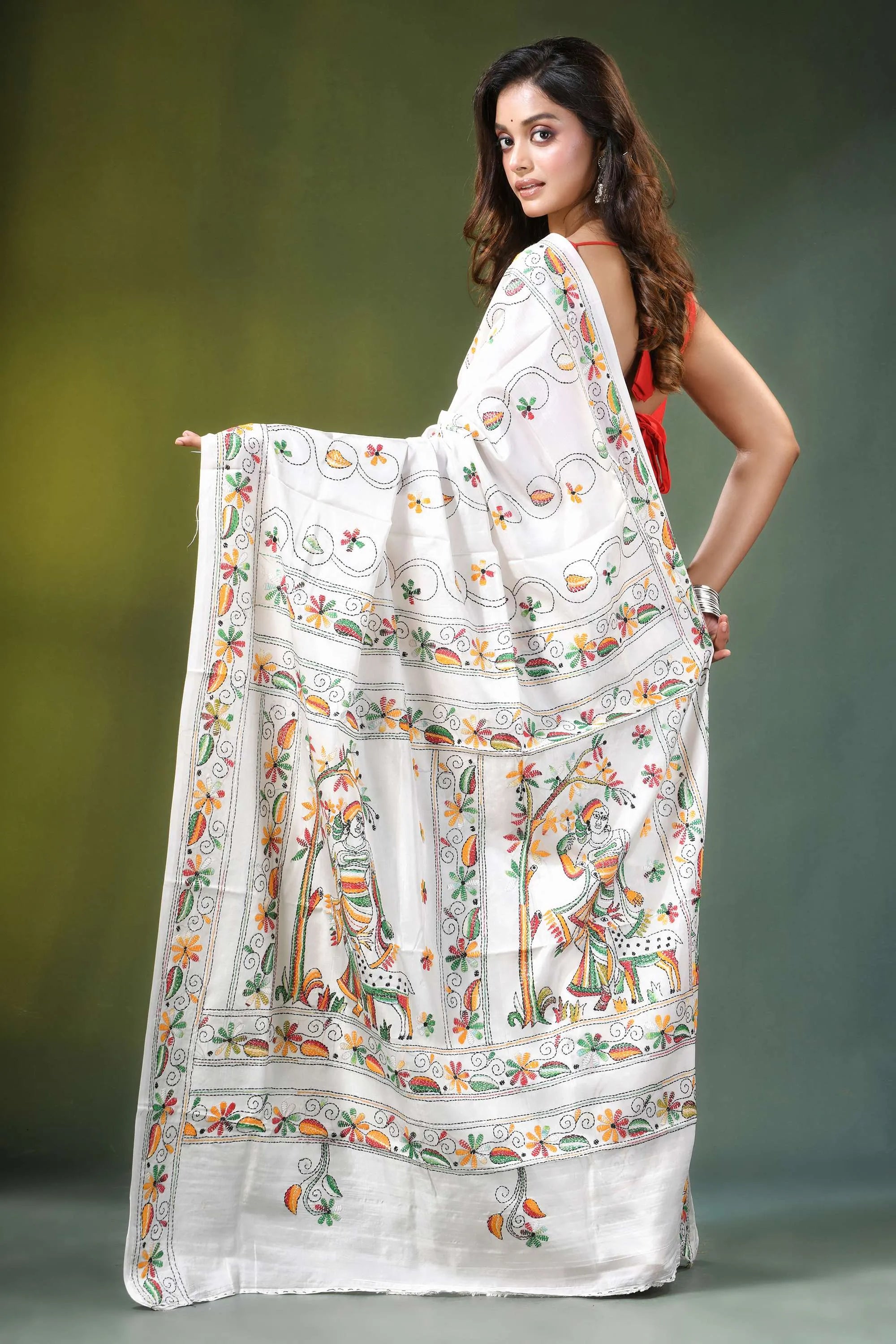 White folk art handcrafted kantha embroidery silk saree intricate hand-painted 5