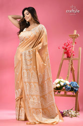 White gujrati embroidery work soft amber silk saree beige saree white paisley embroidery 4