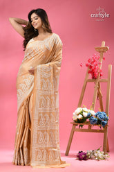 White gujrati embroidery work soft amber silk saree woman peach colored silk saree white 6