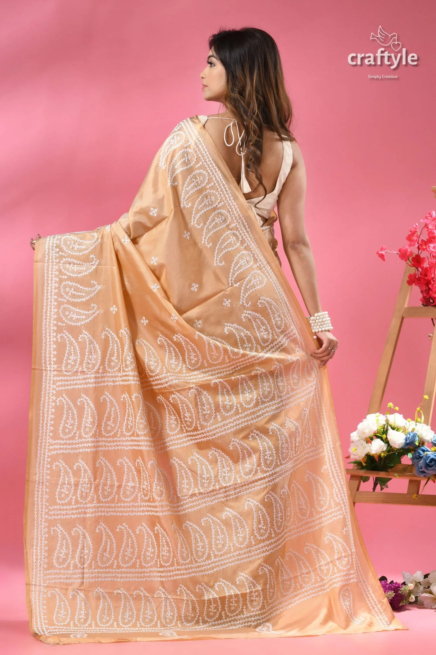 White gujrati embroidery work soft amber silk saree orange saree white paisley embroidery 5