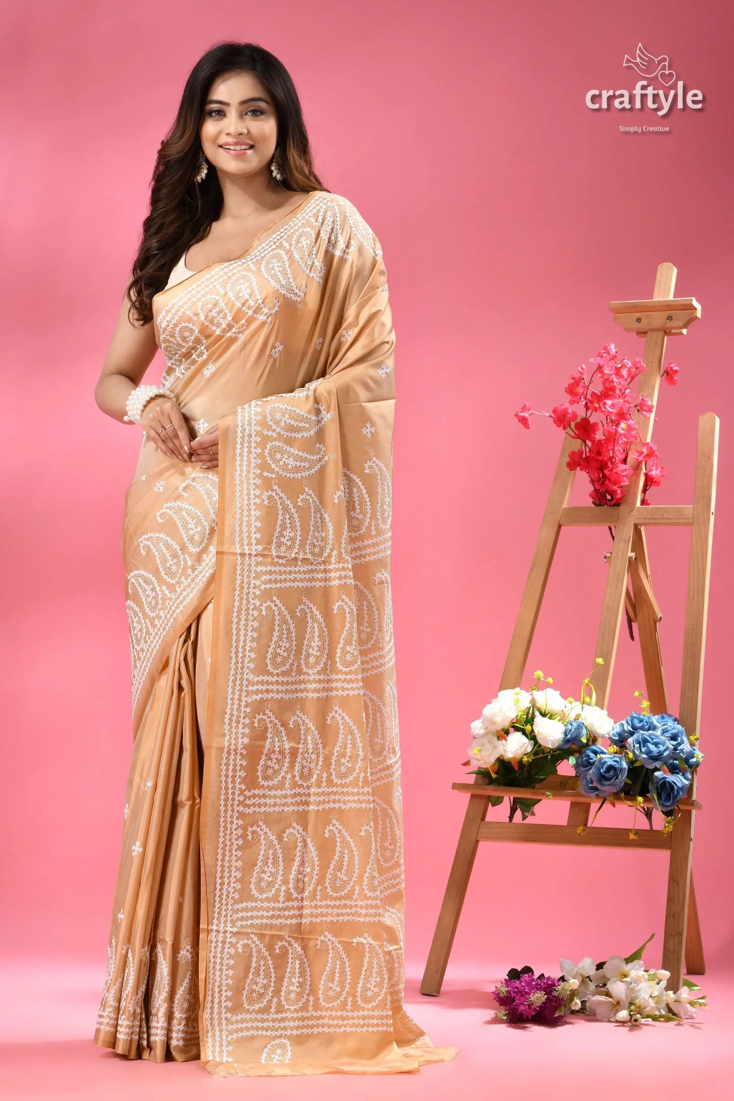 White gujrati embroidery work soft amber silk saree light brown saree white embroidered 1