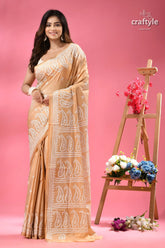 White gujrati embroidery work soft amber silk saree light brown saree white embroidered 1