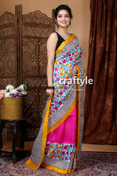 White & hot pink floral motif hand block mulberry pure silk saree woman floral striped saree 2