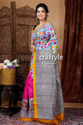 White & hot pink floral motif hand block mulberry pure silk saree woman colorful saree 4