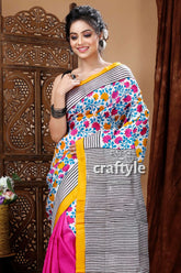 White & hot pink floral motif hand block mulberry pure silk saree woman colorful saree 3