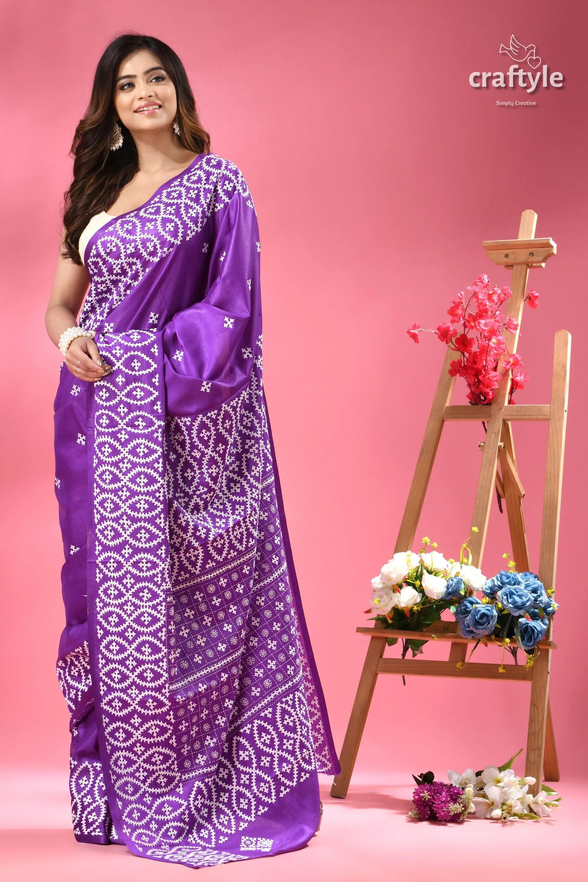 White kutch embroidered french violet silk saree woman vibrant purple saree white 3