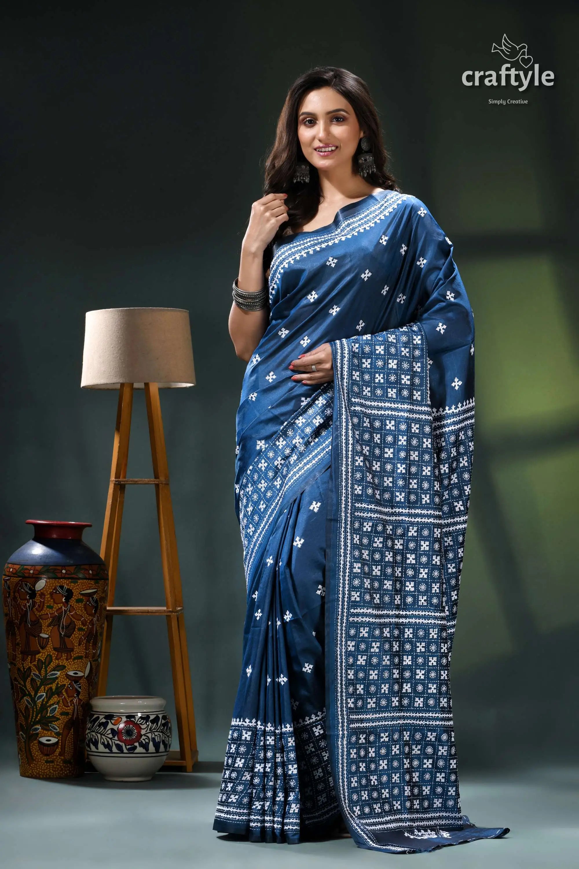 White kutch embroidery regal blue premium silk saree blue white bandhani saree intricate 7