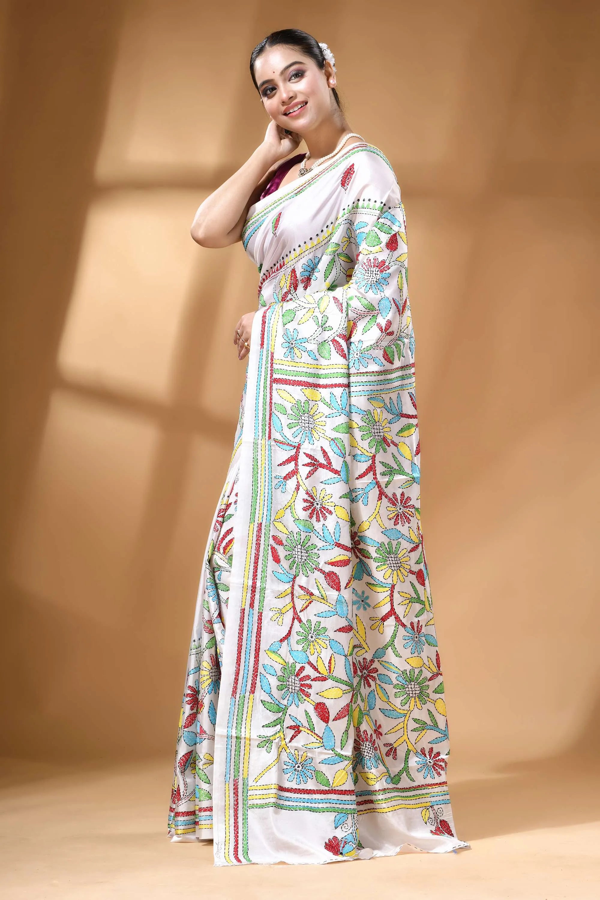 White multi-thread floral motif silk kantha work saree woman wears white saree adorned 3