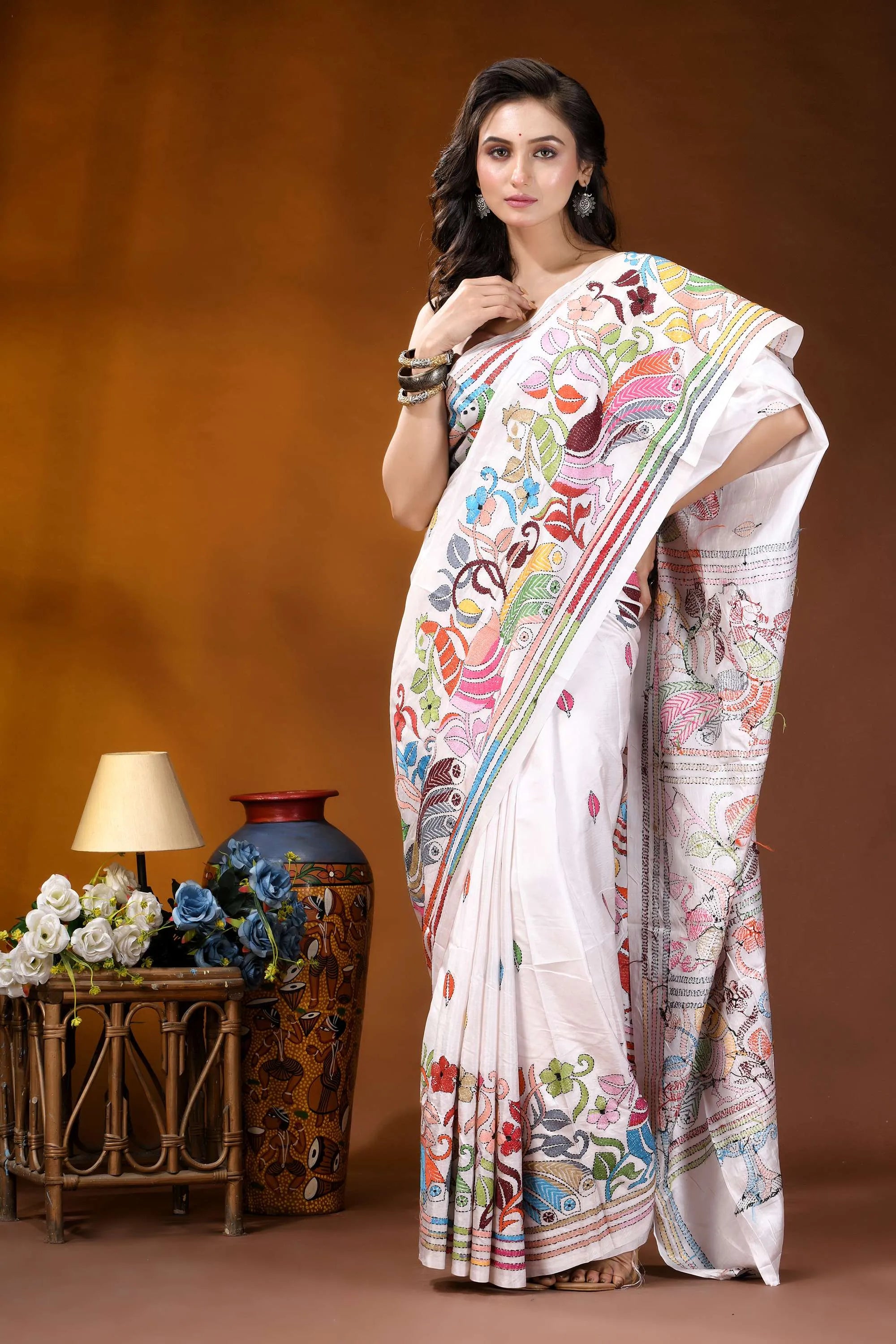 White peacock motif handcrafted kantha embroidery silk saree white saree adorned vibrant colorful 4