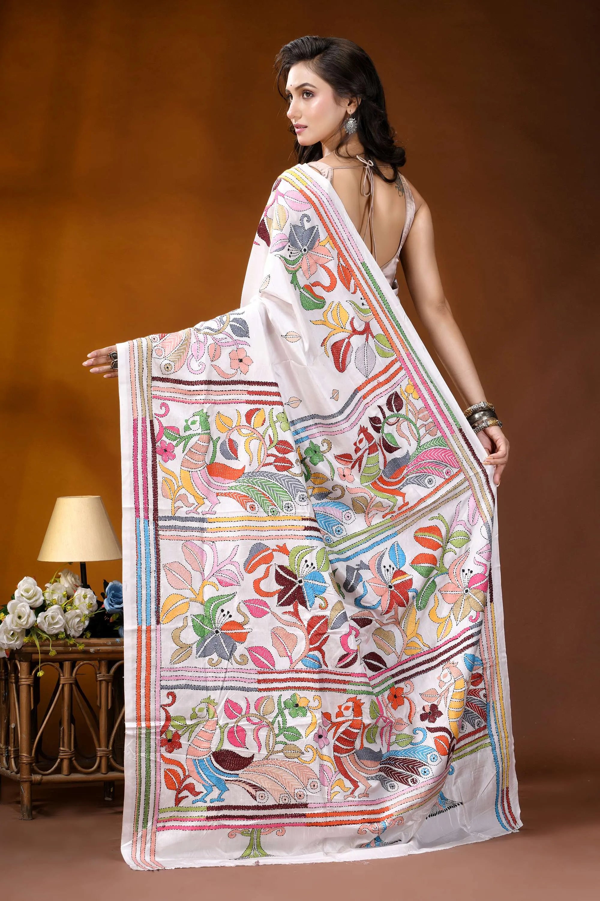 White peacock motif handcrafted kantha embroidery silk saree white silk saree adorned vibrant 5
