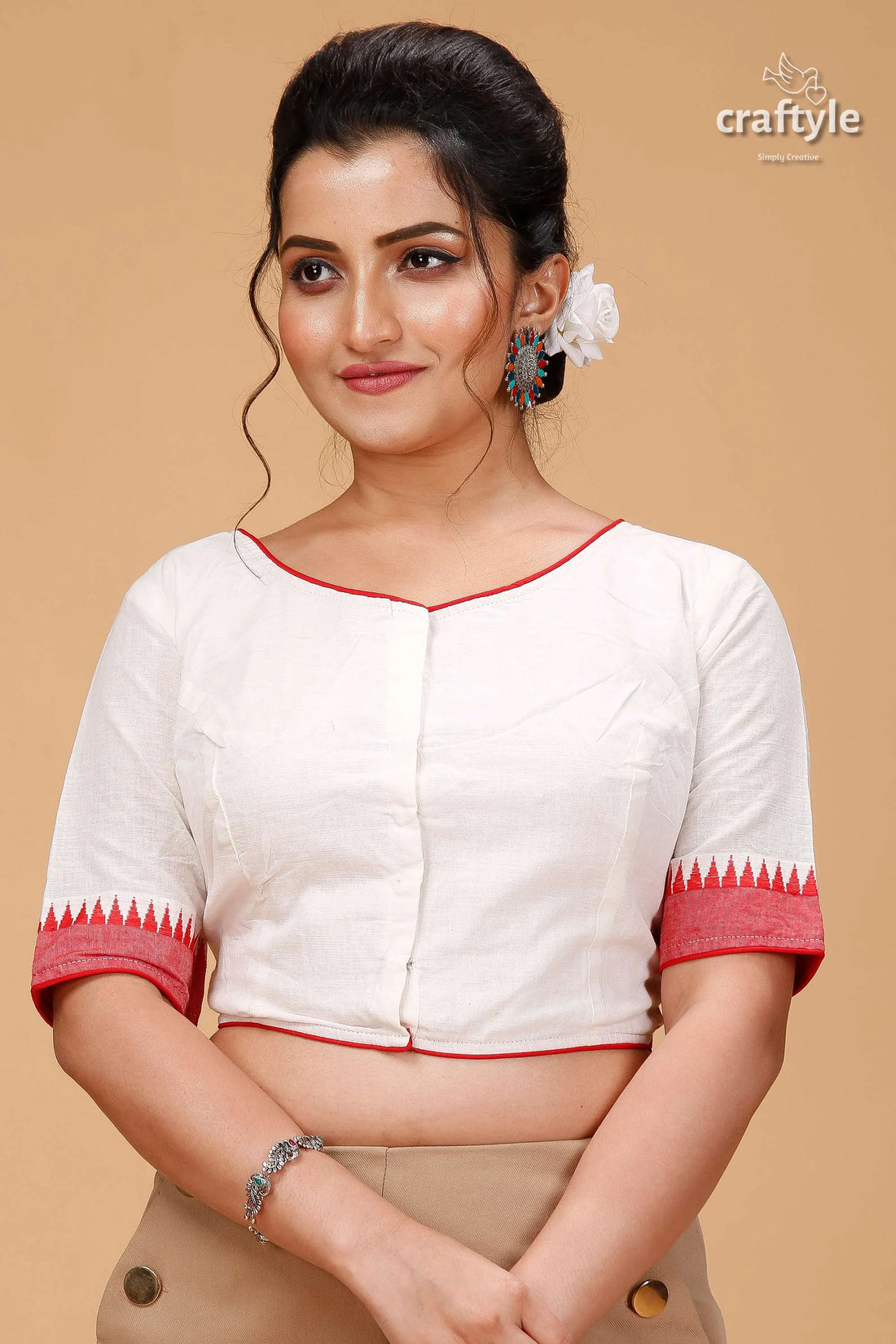 White pure cotton blouse with exquisite kantha patchwork boat neck 1