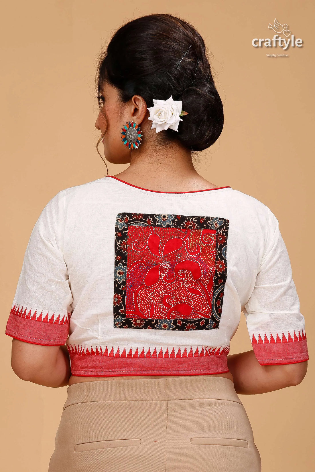 White pure cotton blouse with exquisite kantha patchwork woman red trim 2