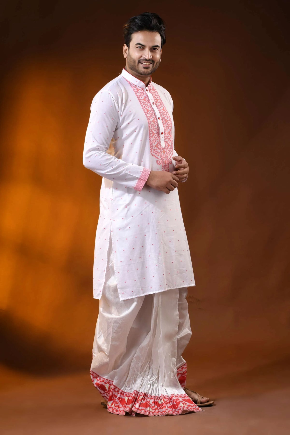 White pure cotton jamdani punjabi for men with red ethnic motifs 4