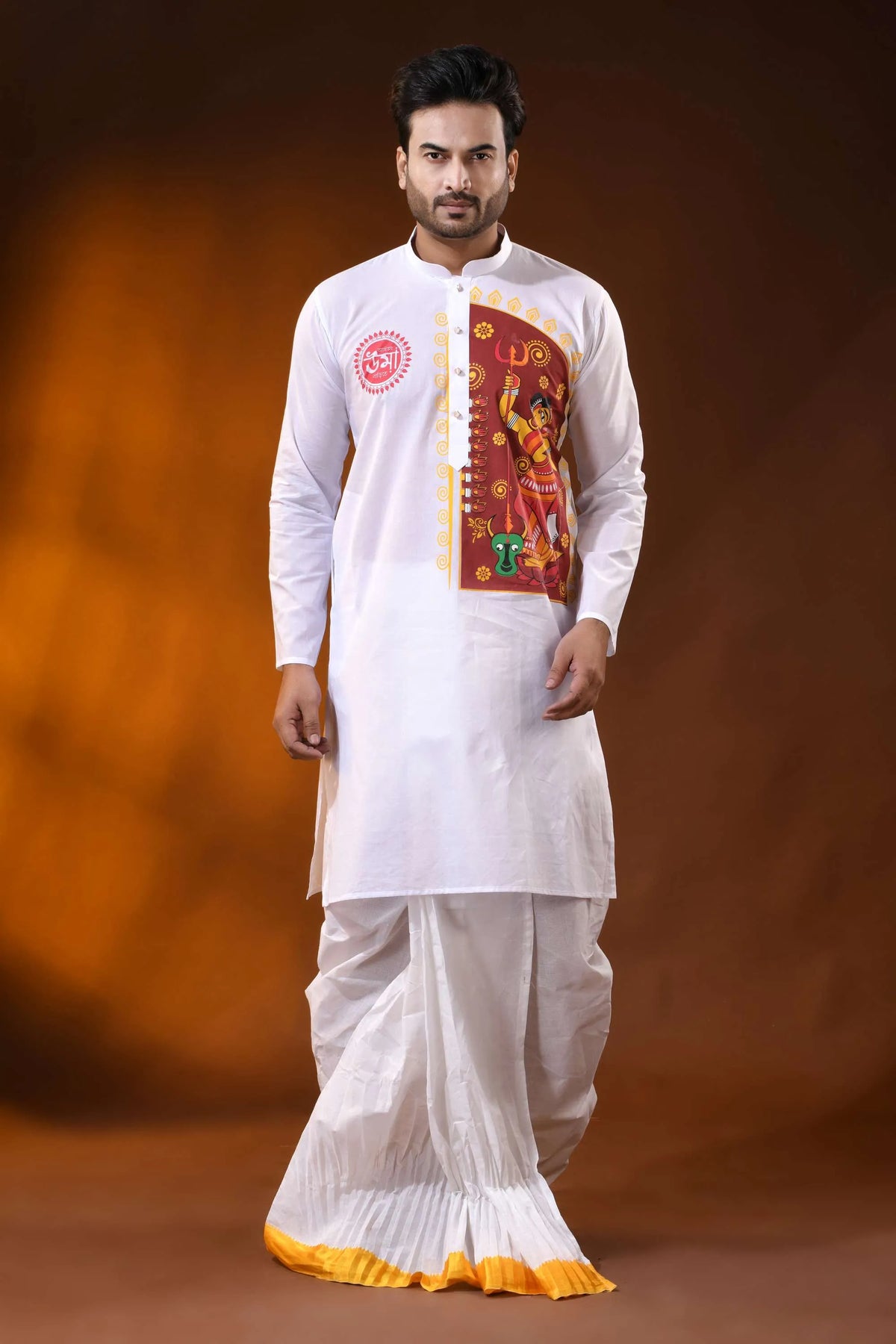 White pure cotton ma durga printed kurta for men - festive ethnic wear 1