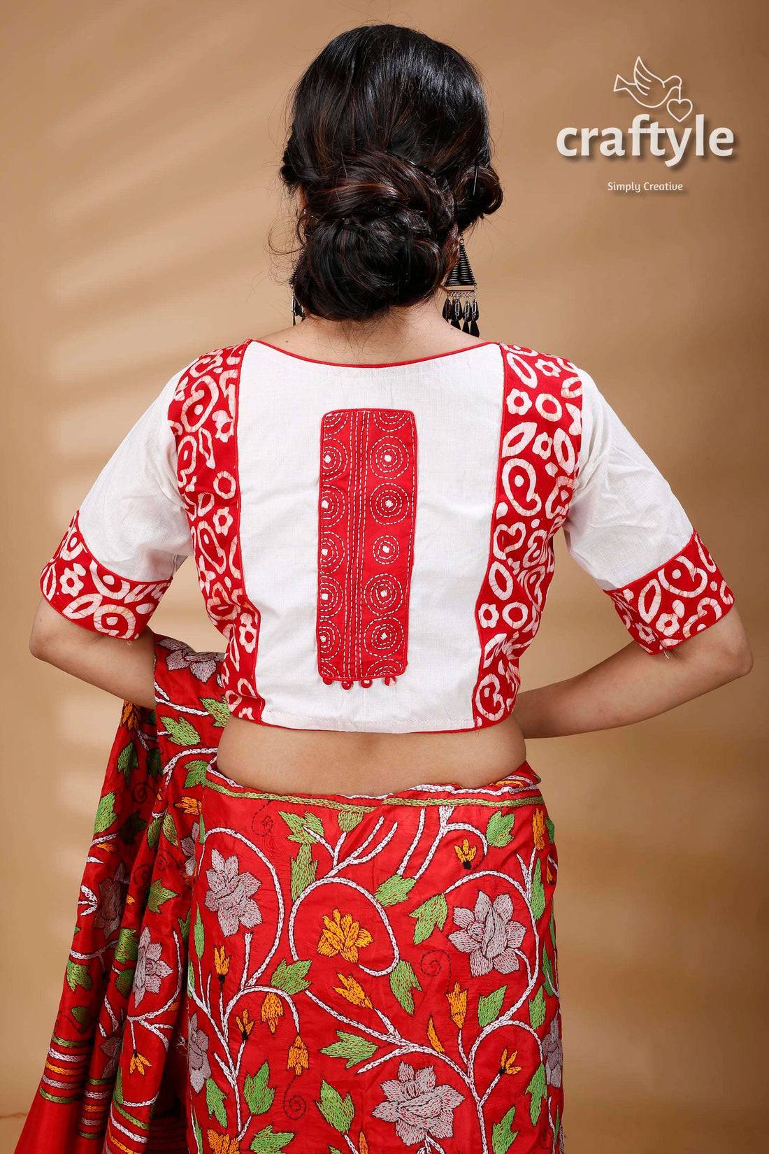 White &amp; Red Batik Work Designer Cotton Blouse - Craftyle