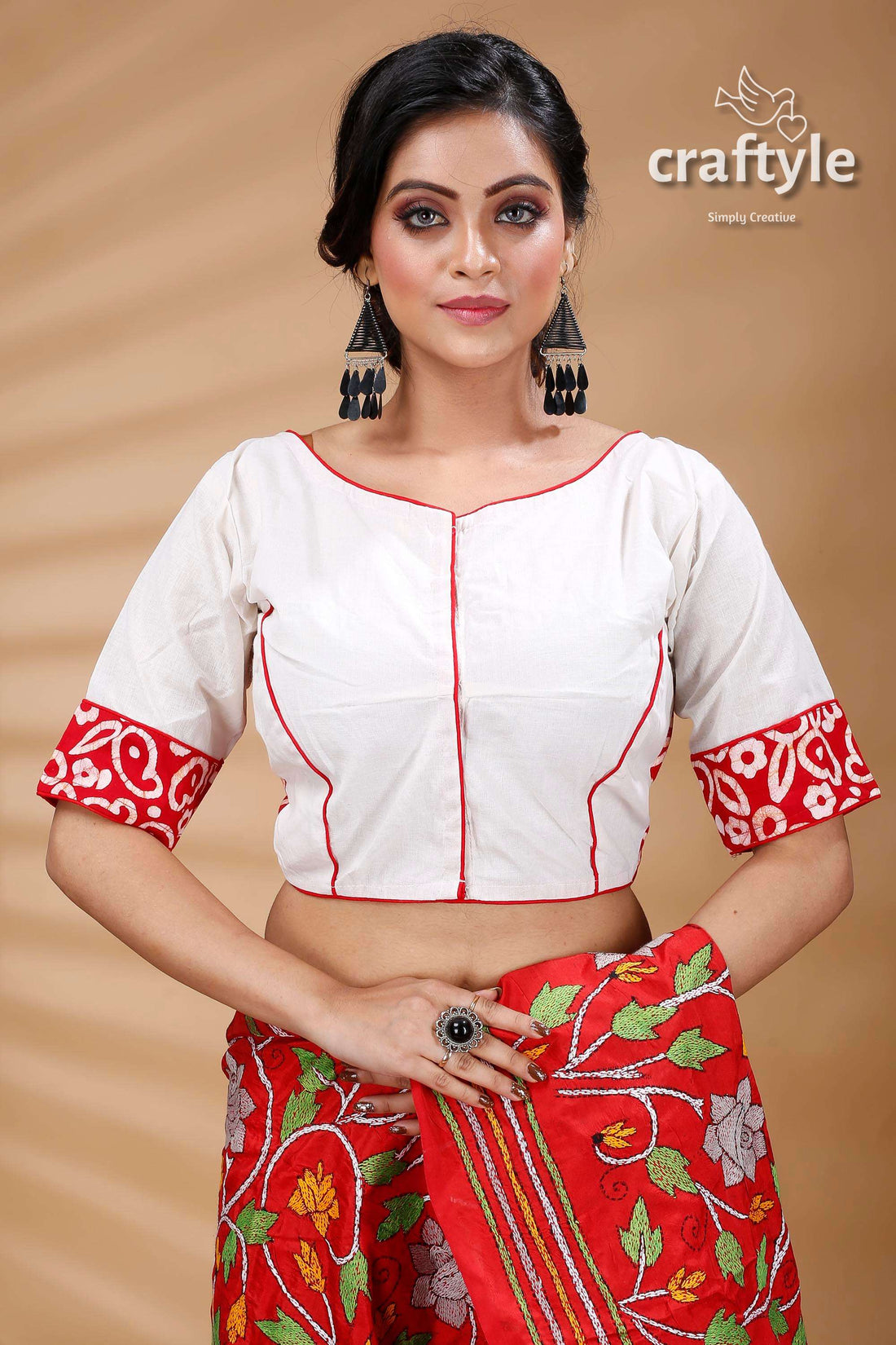 White &amp; Red Batik Work Designer Cotton Blouse - Craftyle