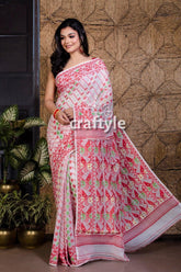 White red jamdani saree woman white pink patterned saree 2