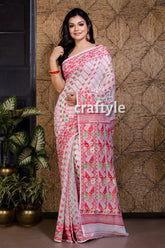 White red jamdani saree woman white pink patterned saree 1