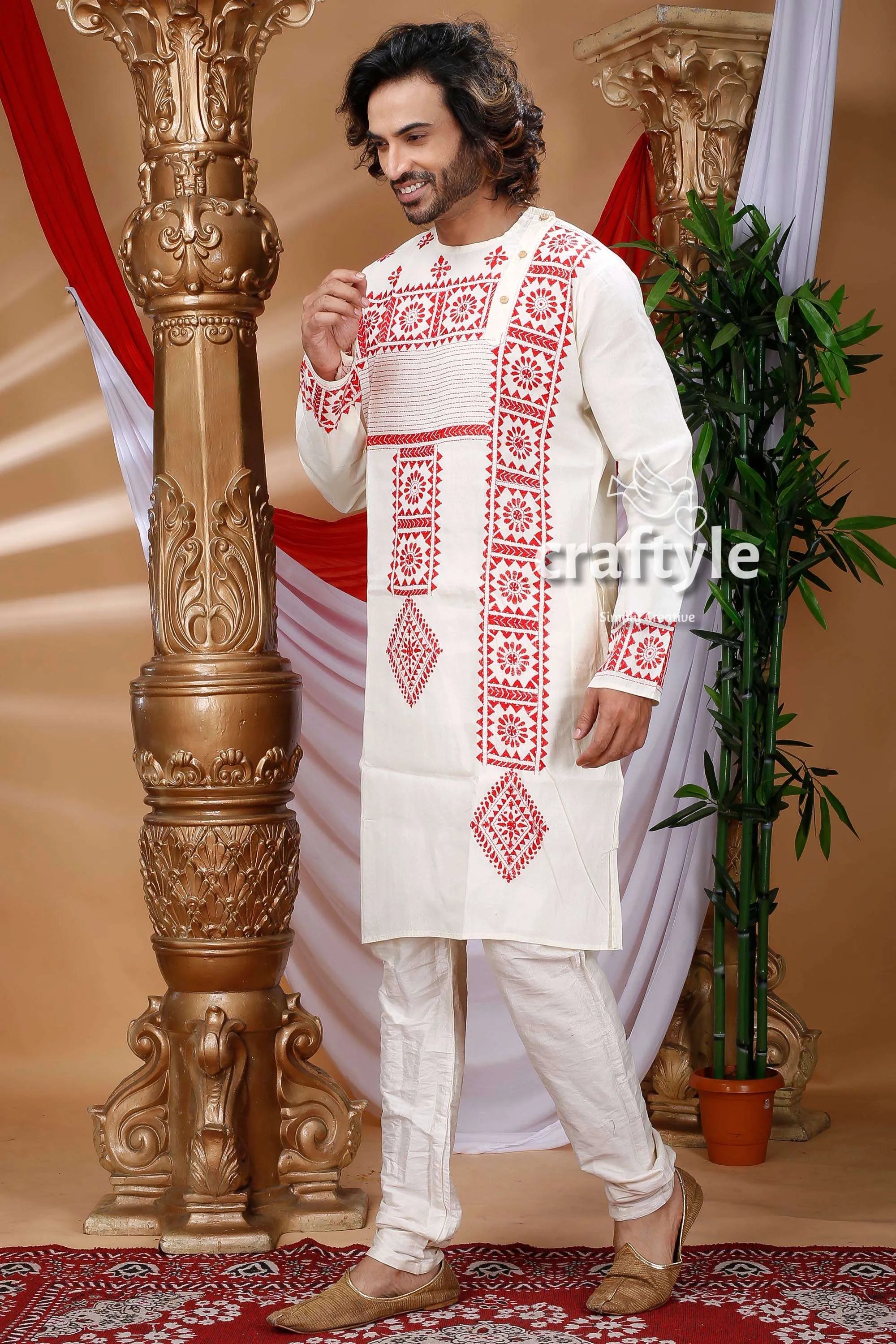 White & red kantha work hand embroidered cotton kurta intricate embroidery 3