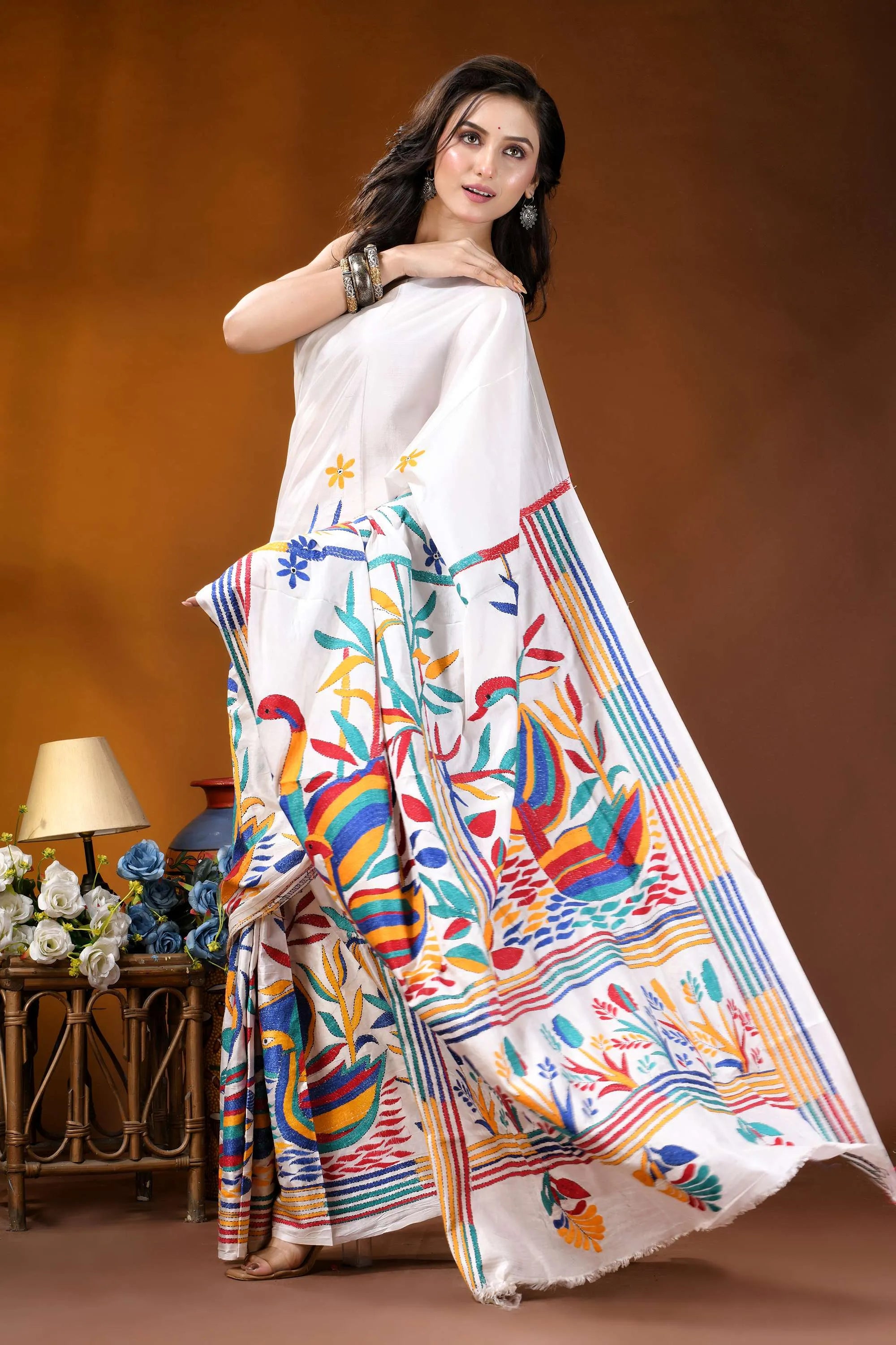 White swan motif multicolor hand embroidered kantha silk saree vibrant white saree adorned colorful 4
