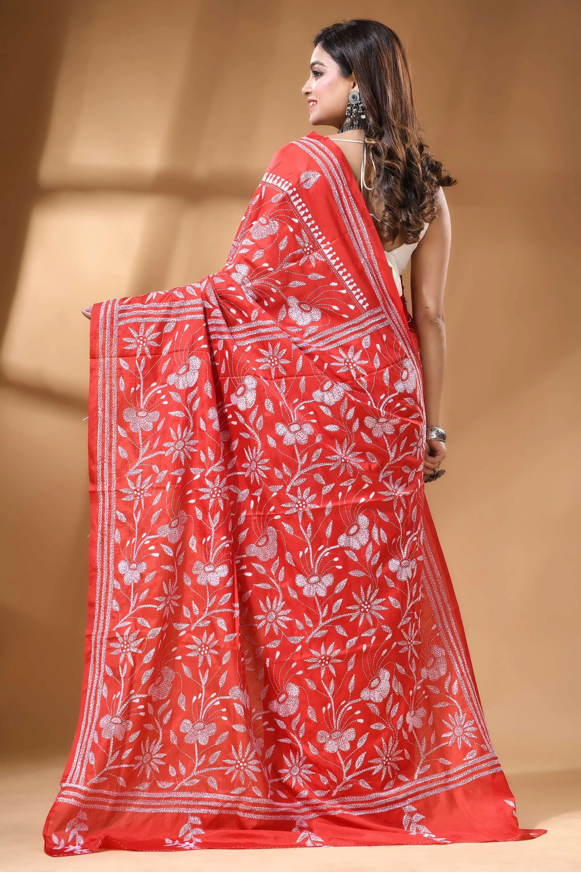 White thread hand embroidered floral kantha stitch silk saree in red vibrant red saree adorned intricate 4