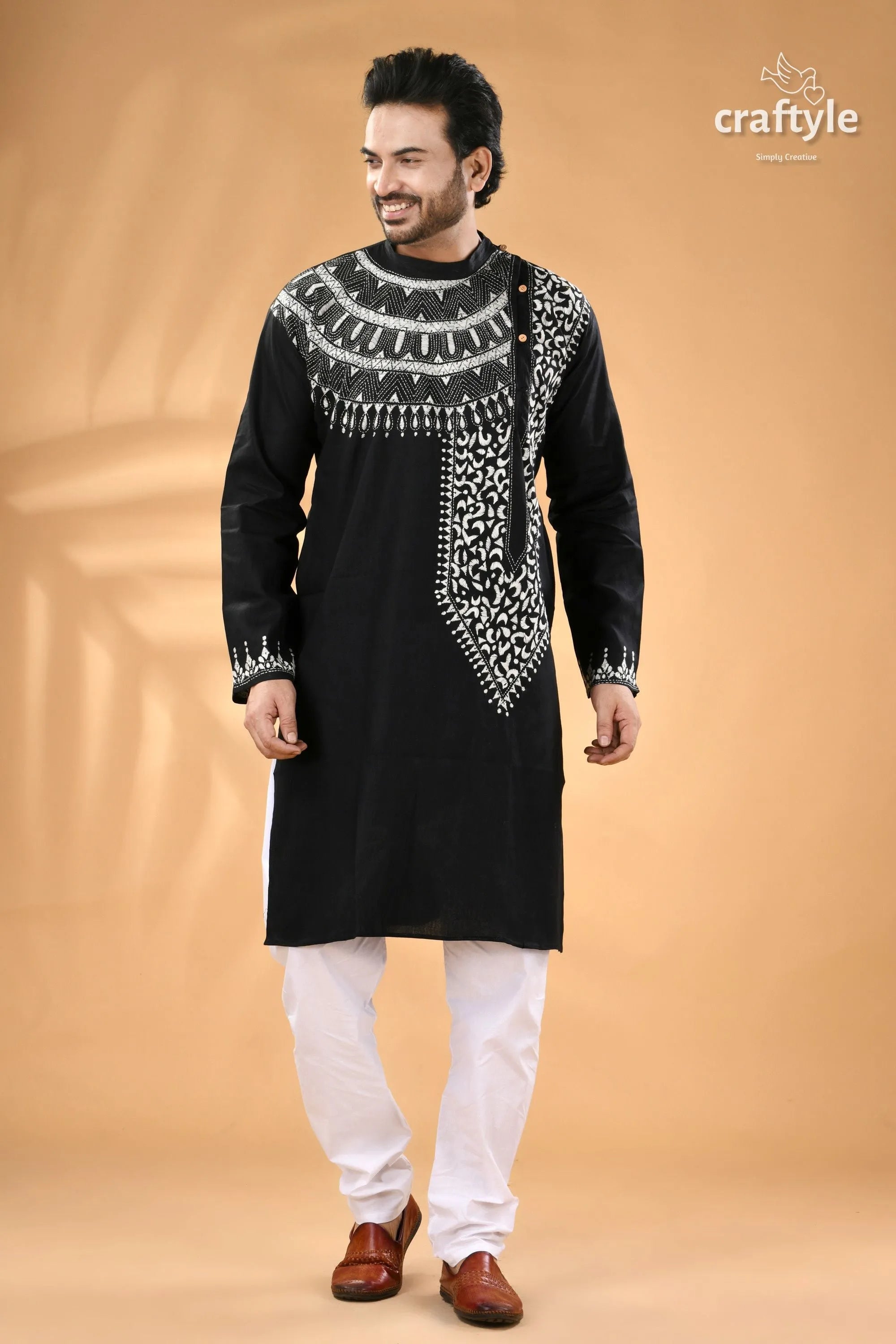 White thread kantha embroidered raven black mens cotton kurta men’s 5