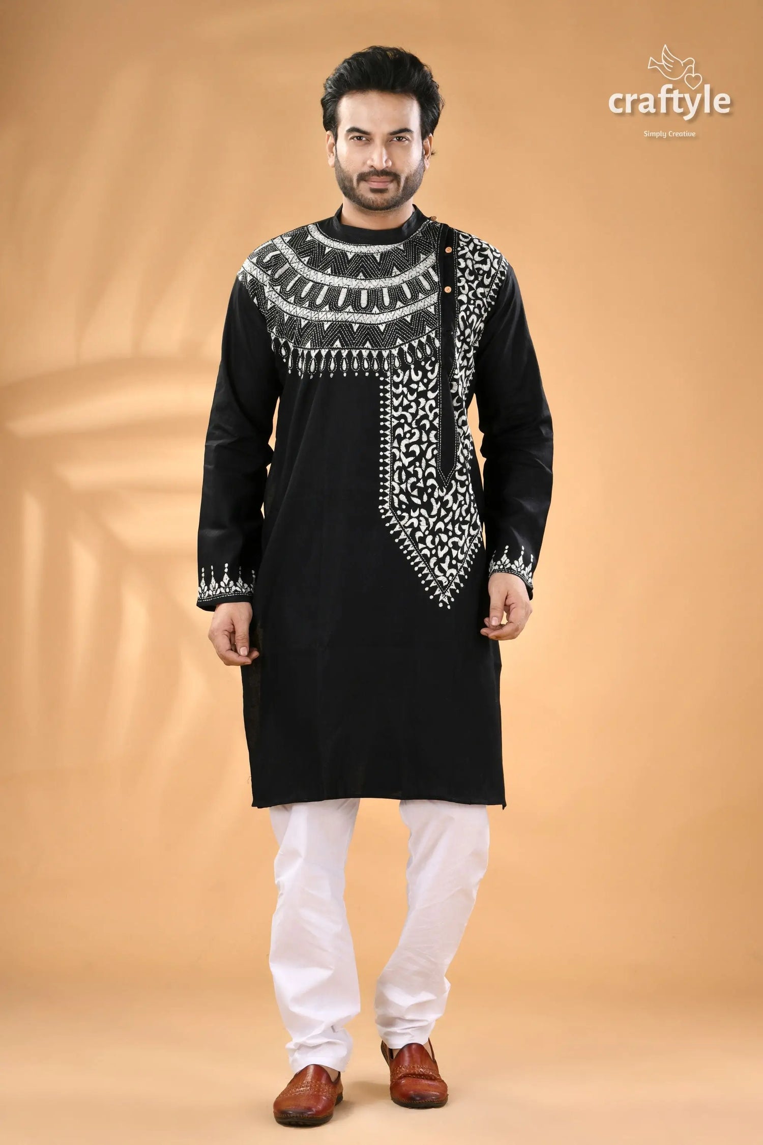 White thread kantha embroidered raven black mens cotton kurta men’s black embroidered kurta white 1