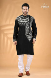 White thread kantha embroidered raven black mens cotton kurta men’s black embroidered kurta white 1