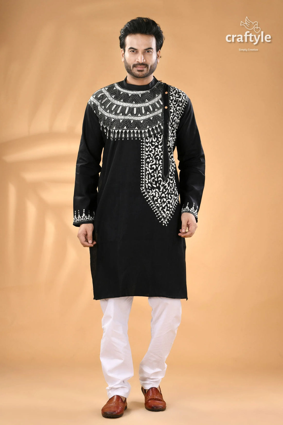 White thread kantha embroidered raven black mens cotton kurta men’s 1