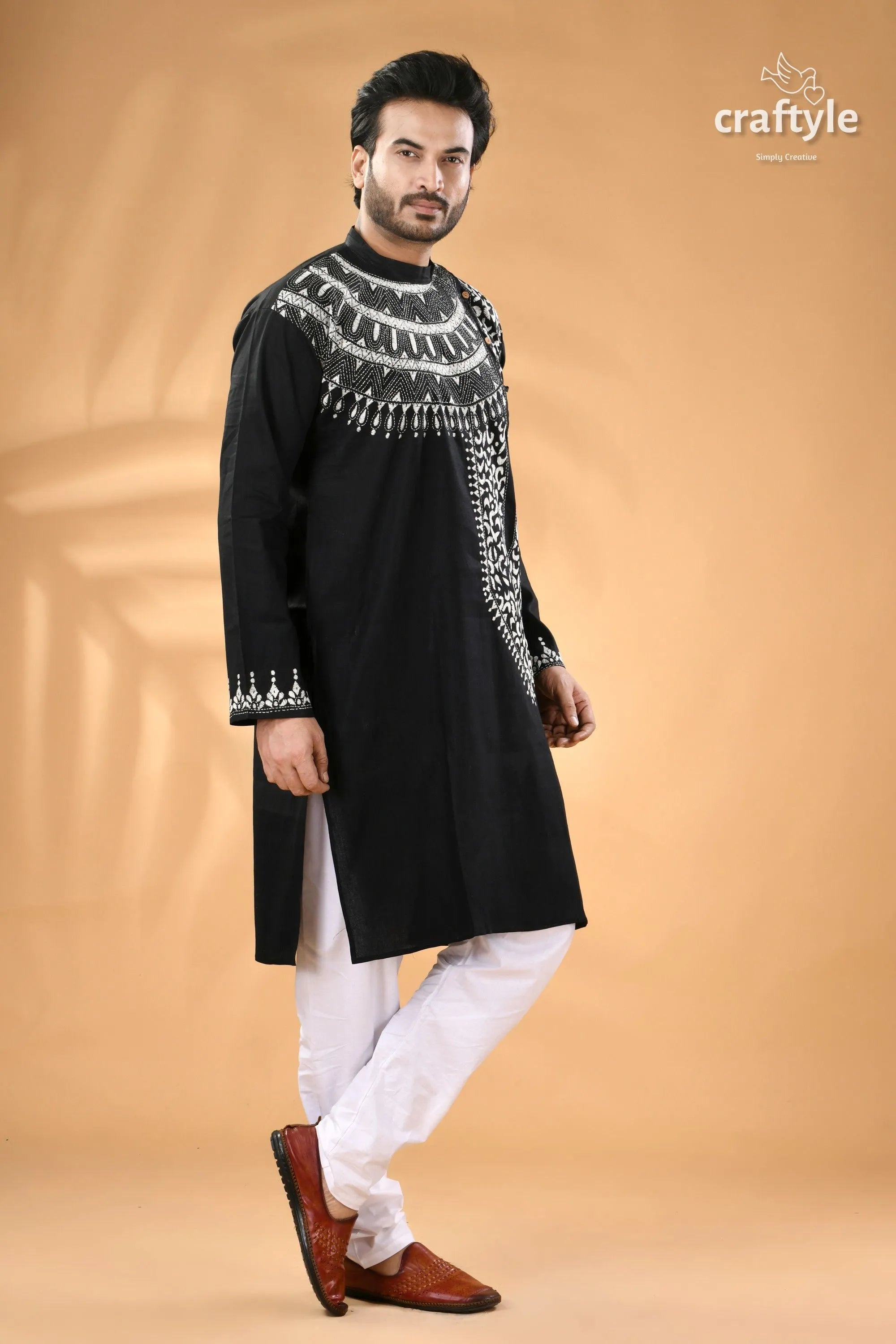 White thread kantha embroidered raven black mens cotton kurta men’s 3