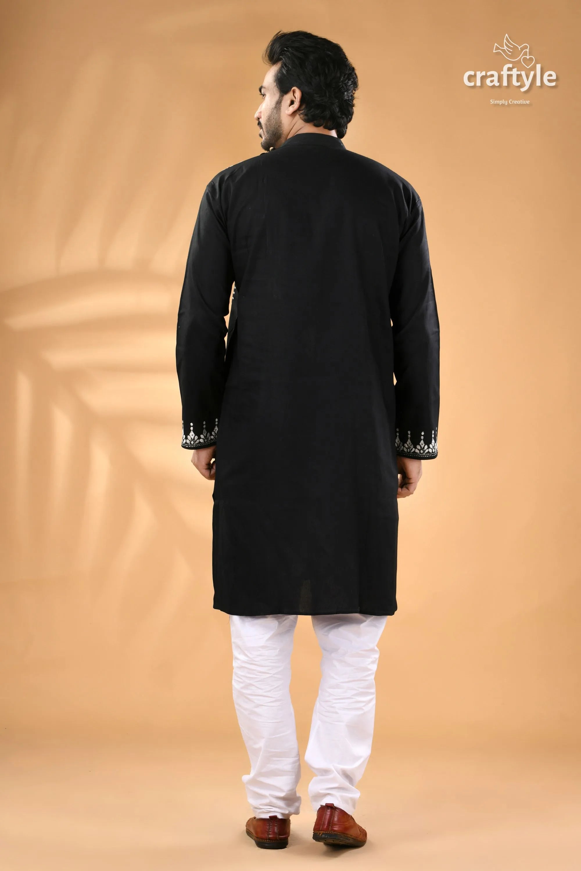 White thread kantha embroidered raven black mens cotton kurta men’s 6