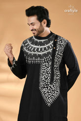 White thread kantha embroidered raven black mens cotton kurta black men’s kurta intricate white 2