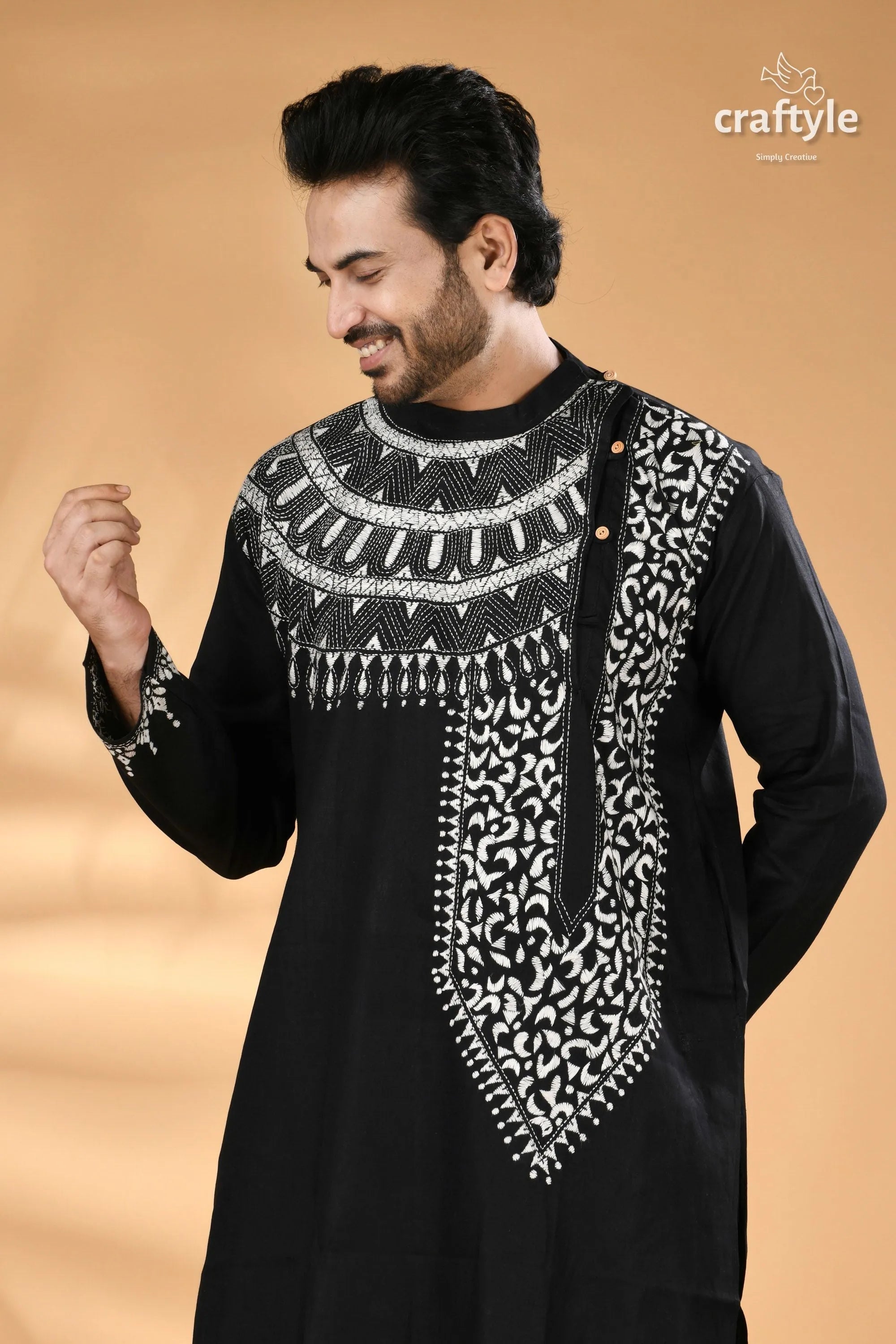 White thread kantha embroidered raven black mens cotton kurta men’s intricate 2