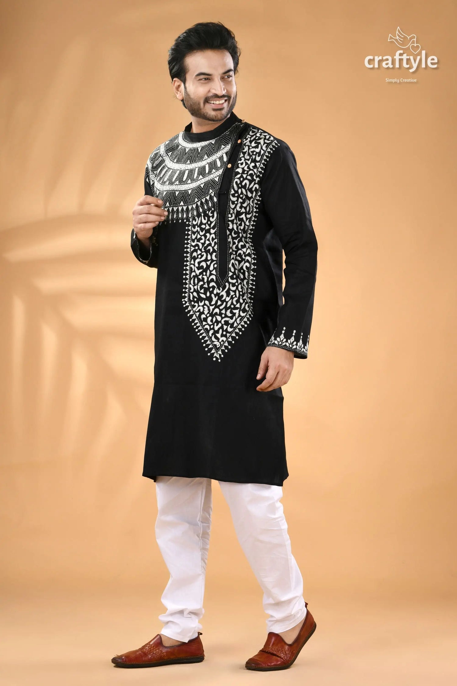 White thread kantha embroidered raven black mens cotton kurta men’s black embroidered kurta white 4