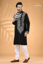 White thread kantha embroidered raven black mens cotton kurta men’s black embroidered kurta white 4